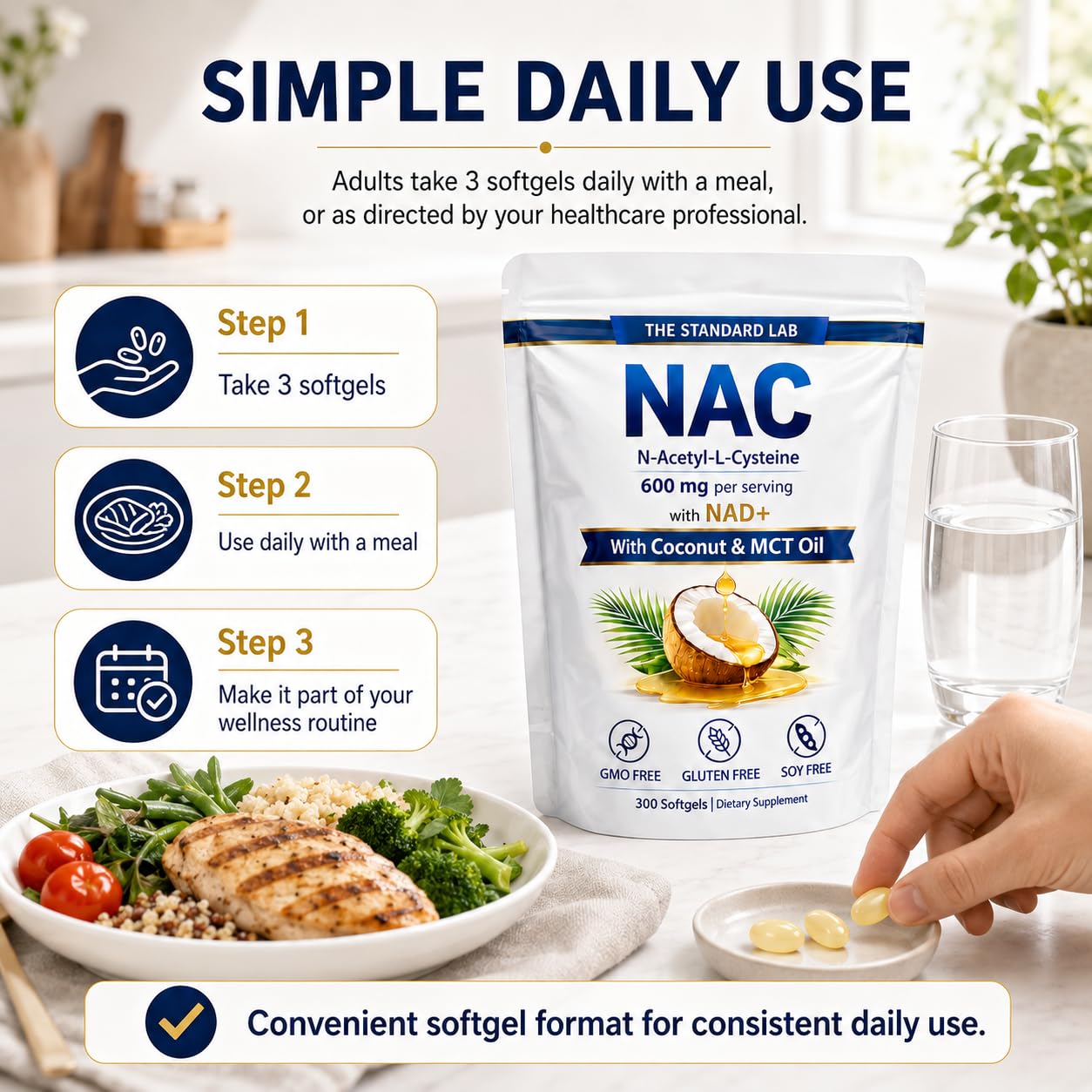 The Standard Lab NAC 600 mg Daily Formula, NAD & Coconut Oil Softgel, 300 Count