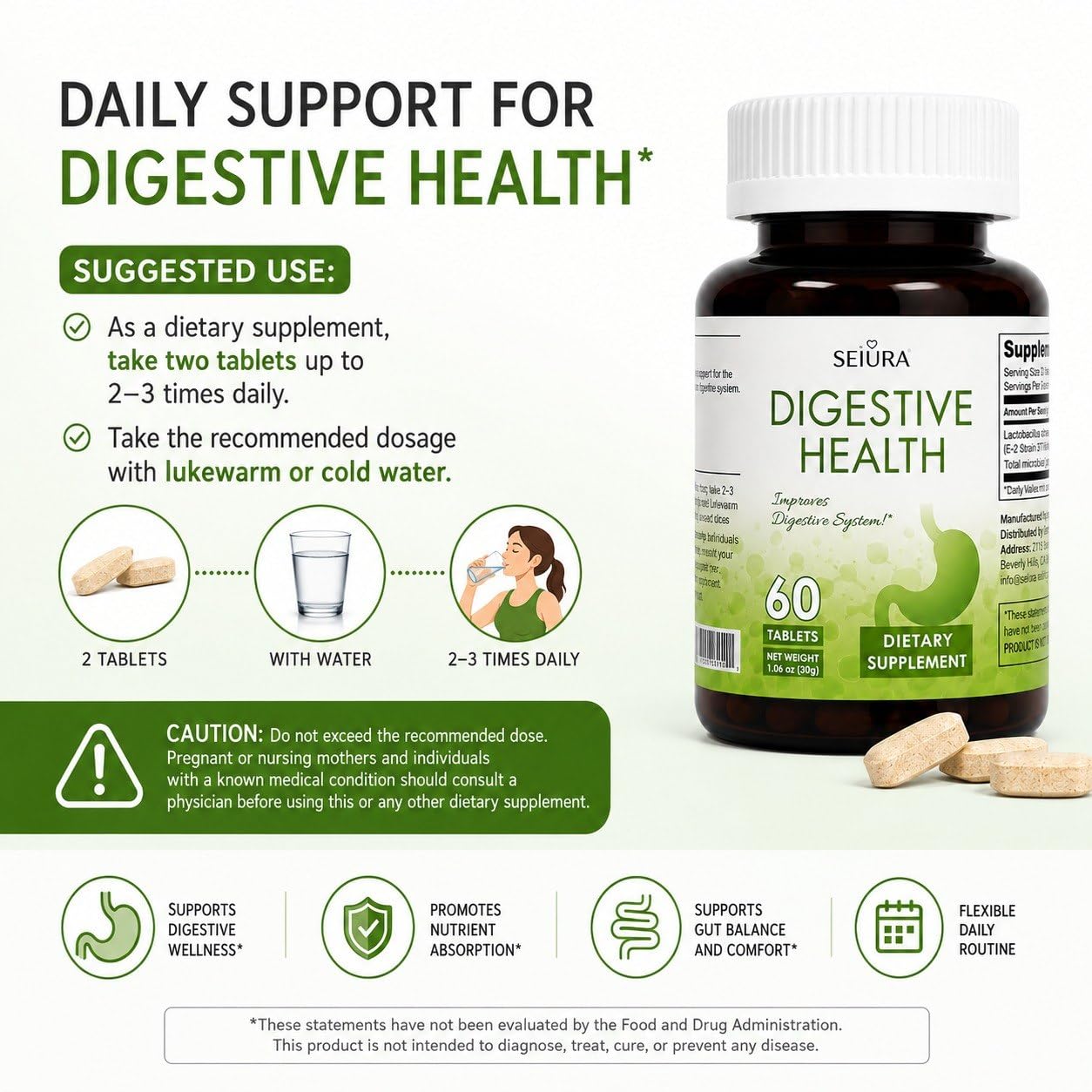 SEIURA Digestive Health Probiotic Supplement with L. Acidophilus for Gut & Intestinal Support 60 Tablets