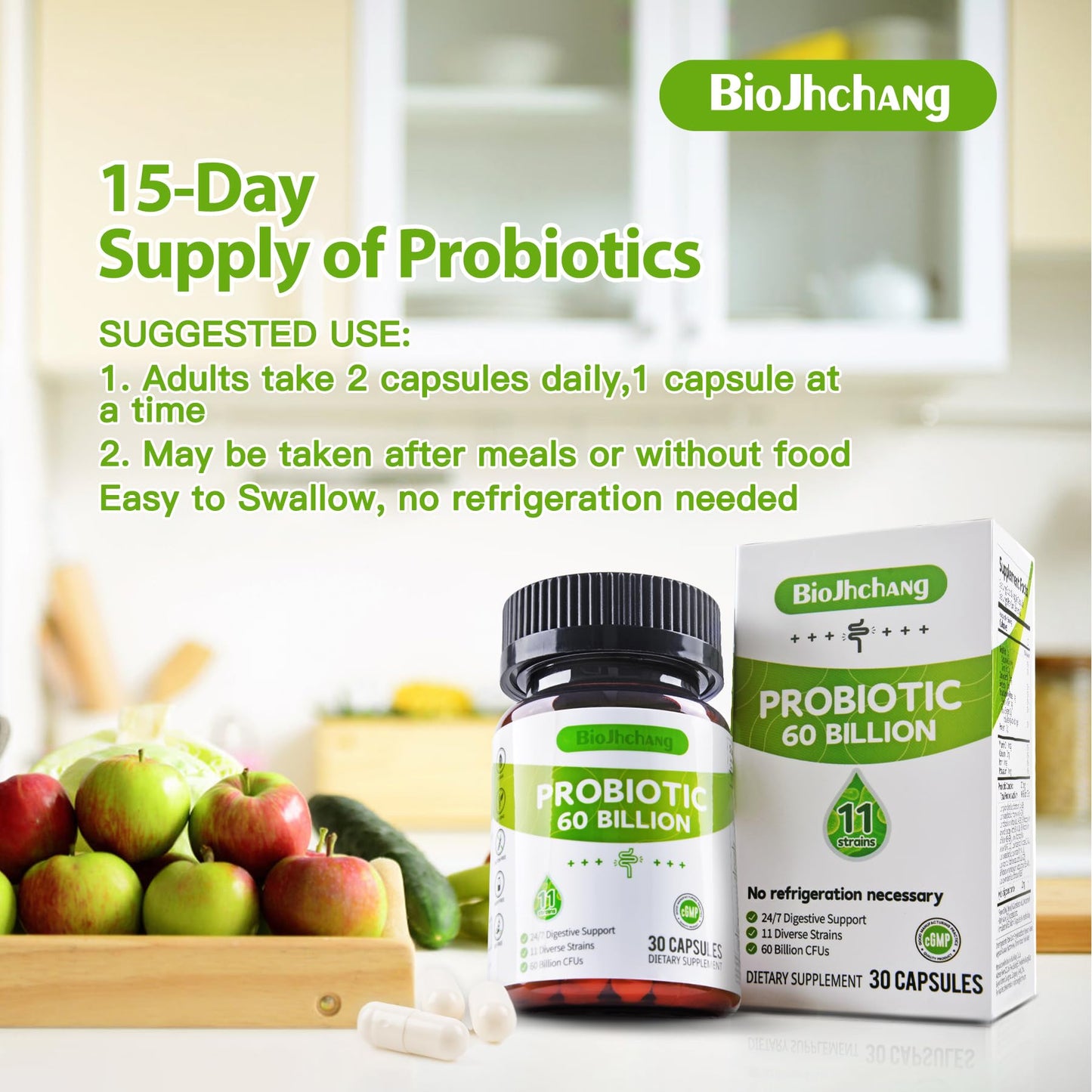 BioJhchang Probiotics 60 Billion CFU, 11 Diverse Strains Probiotic Prebiotic Capsules 30 Count