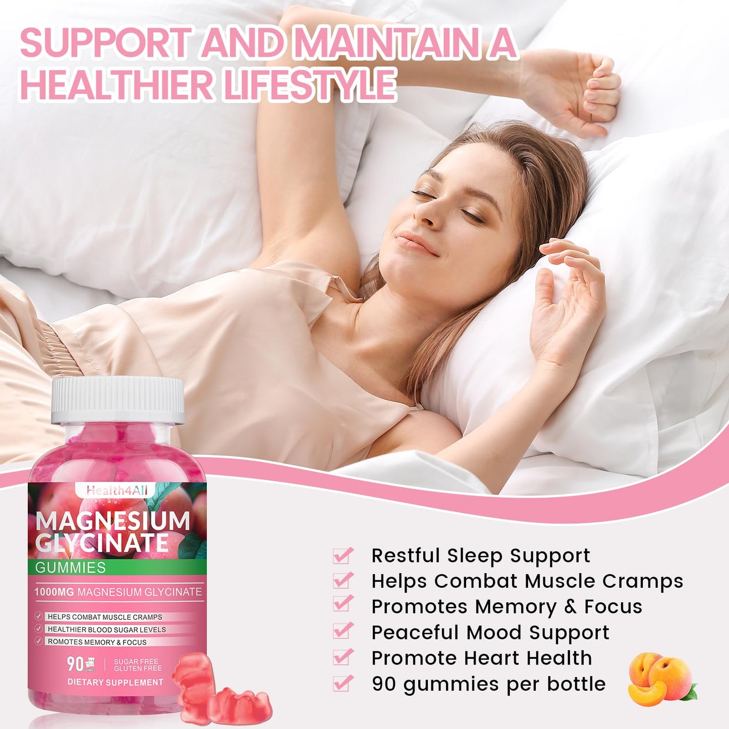 Health4All Magnesium Glycinate Gummies 1000mg Sugar Free, 90 Count