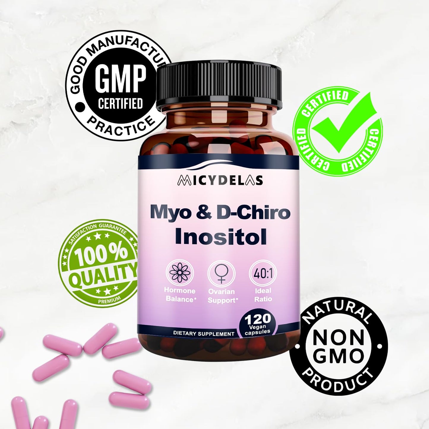MICYDELAS Myo-Inositol & D-Chiro Inositol Supplement for Women Hormone Balance & Female Health Support, Ideal 40:1 Ratio Per Serving, Vegan, Non-GMO 120 Capsules
