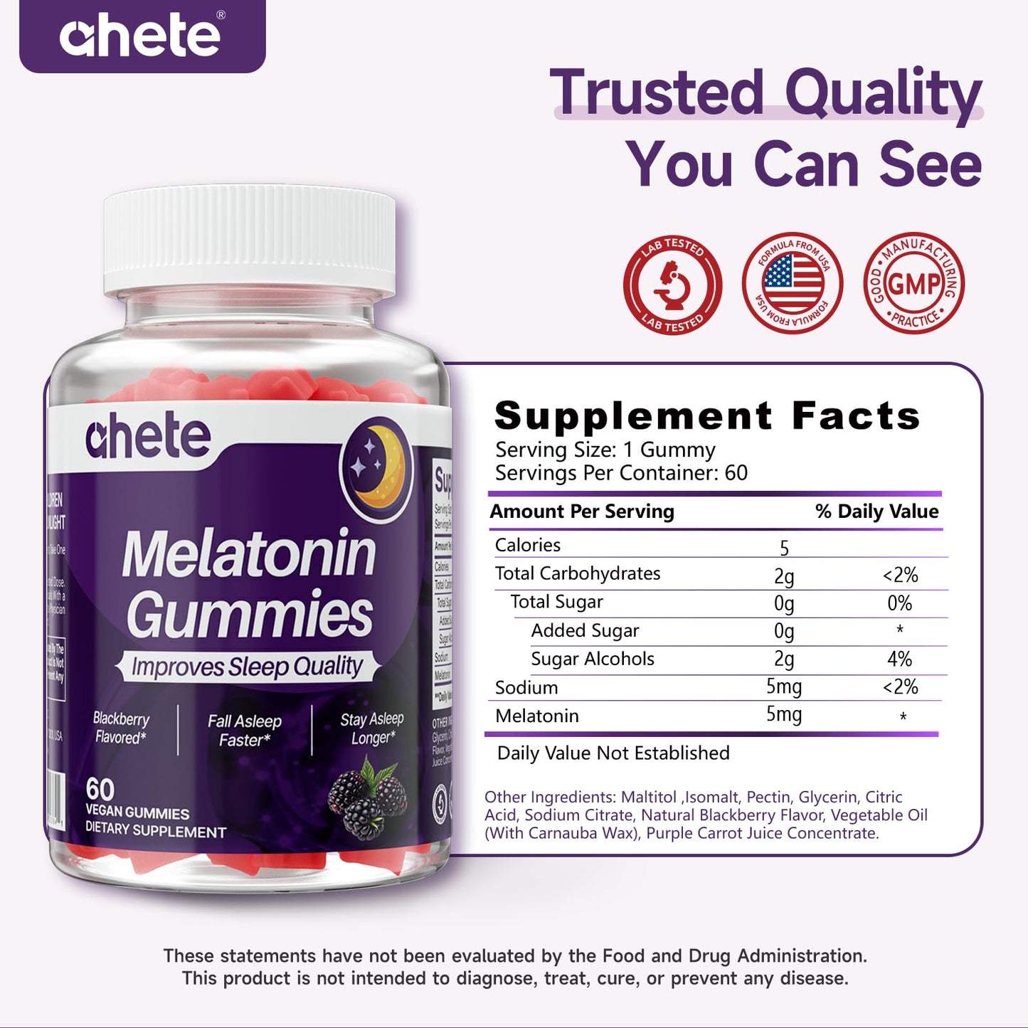 Ahete Melatonin 5mg Gummies, 120 Gummies