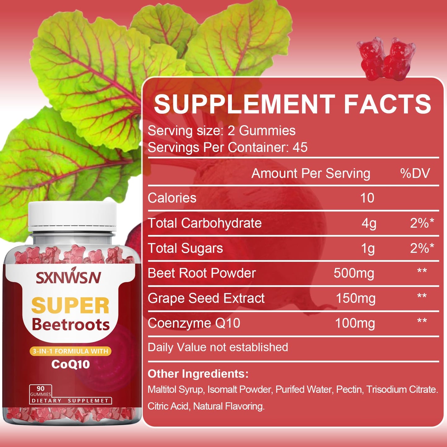 SXNWSN Super Beetroots Gummies with CoQ10 & Grape Seed Extract, 90 Count