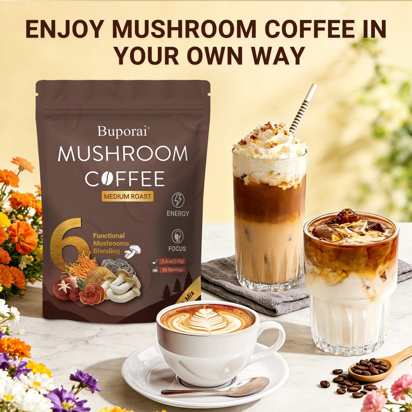 Buporai Mushroom Coffee Powder, Organic, 7.4 oz