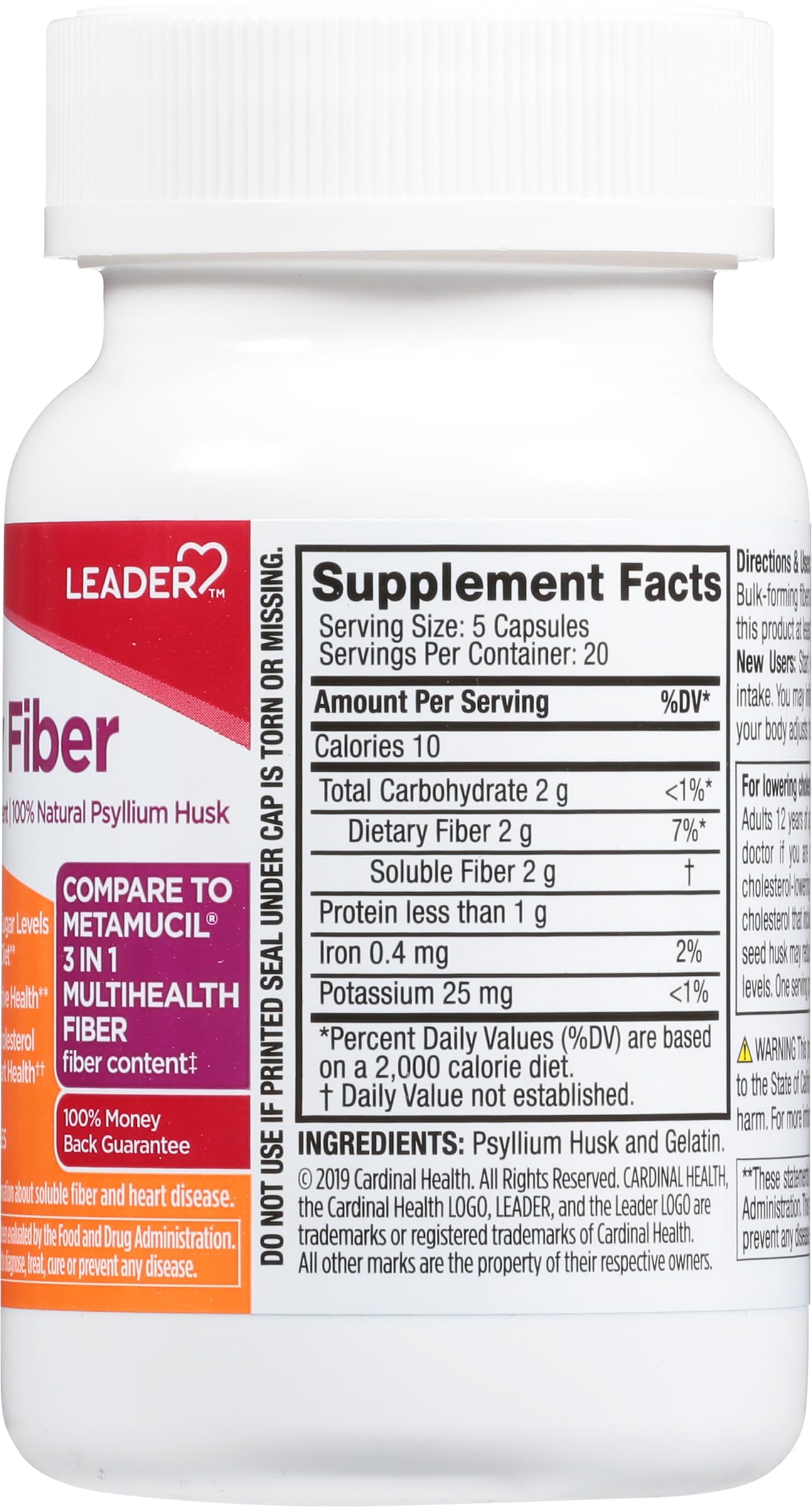 Leader Psyllium Husk Powder Supplement Capsule, 100 Capsules