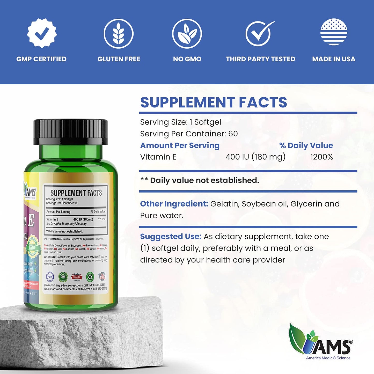 America Medic & Science Vitamin E 400 IU Softgels, 60-count