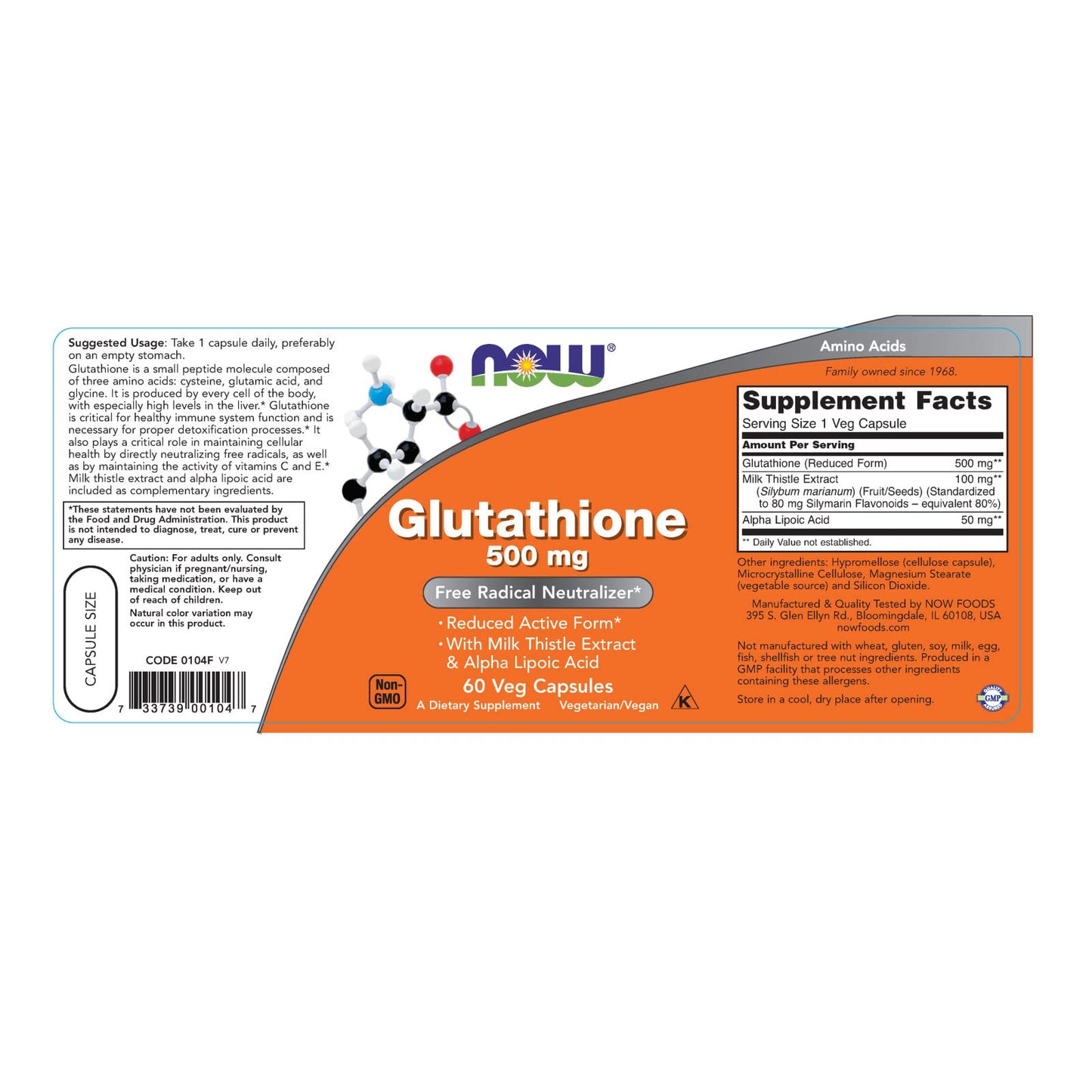 NOW Foods Glutathione 500 mg Capsule, 60 Count