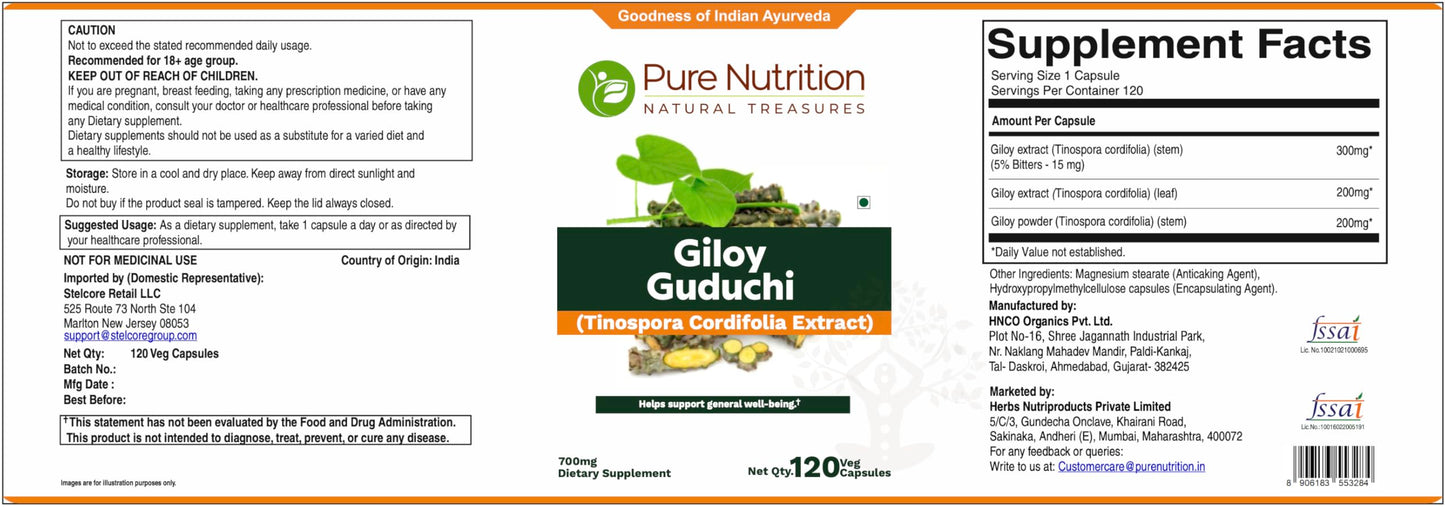 Pure Nutrition Natural Treasures Giloy (Guduchi) 700 mg per Capsule Tinospora cordifolia Extract Immune Support Non-GMO Herbal Supplement, 120 Capsules