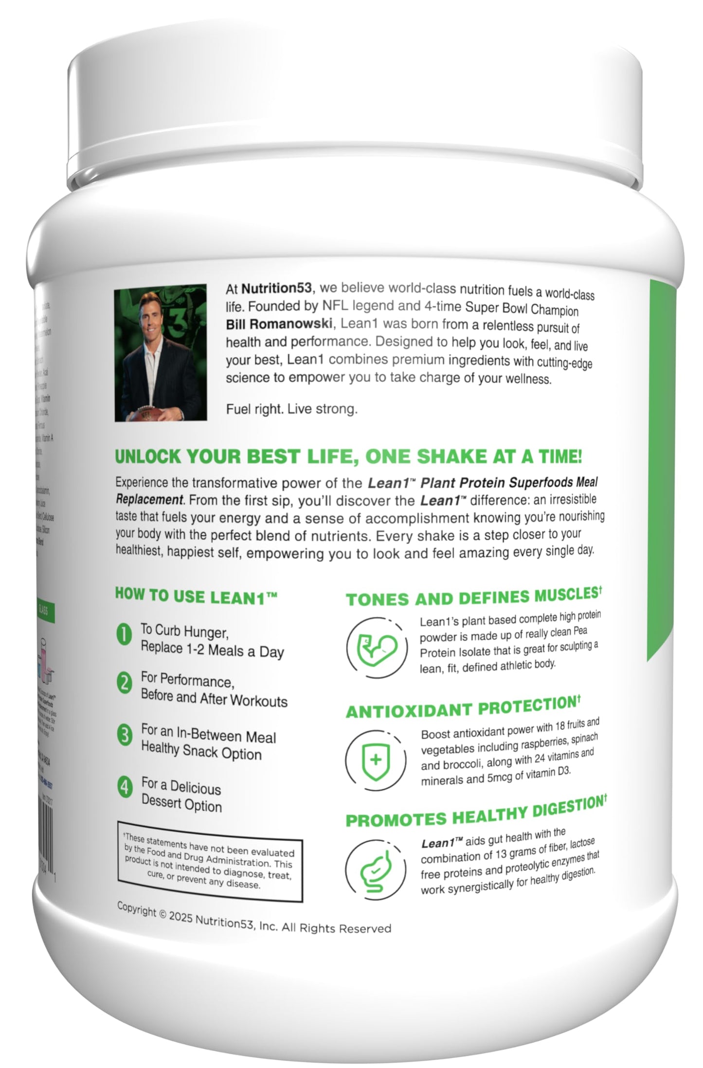 LEAN1 Plant Based Protein Powder Meal Replacement Strawberry Flavor, 27 Servings