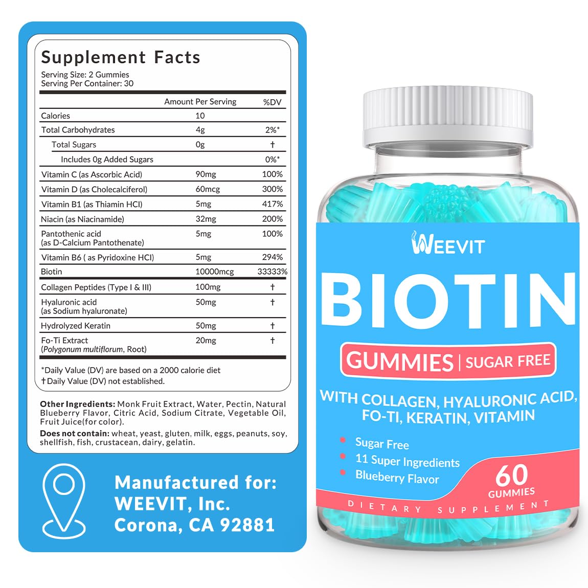 WEEVIT Biotin Gummies Sugar-Free with Collagen, Keratin & Hyaluronic Acid for Hair, Skin & Nails, Vitamin B7 Supplement, Non-GMO, 120 Gummies