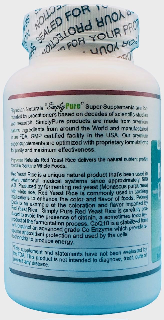 Physician Naturals Organic Red Yeast Rice with CoQ10 and Piperine 600 mg High Absorption, 100 Veg Caps