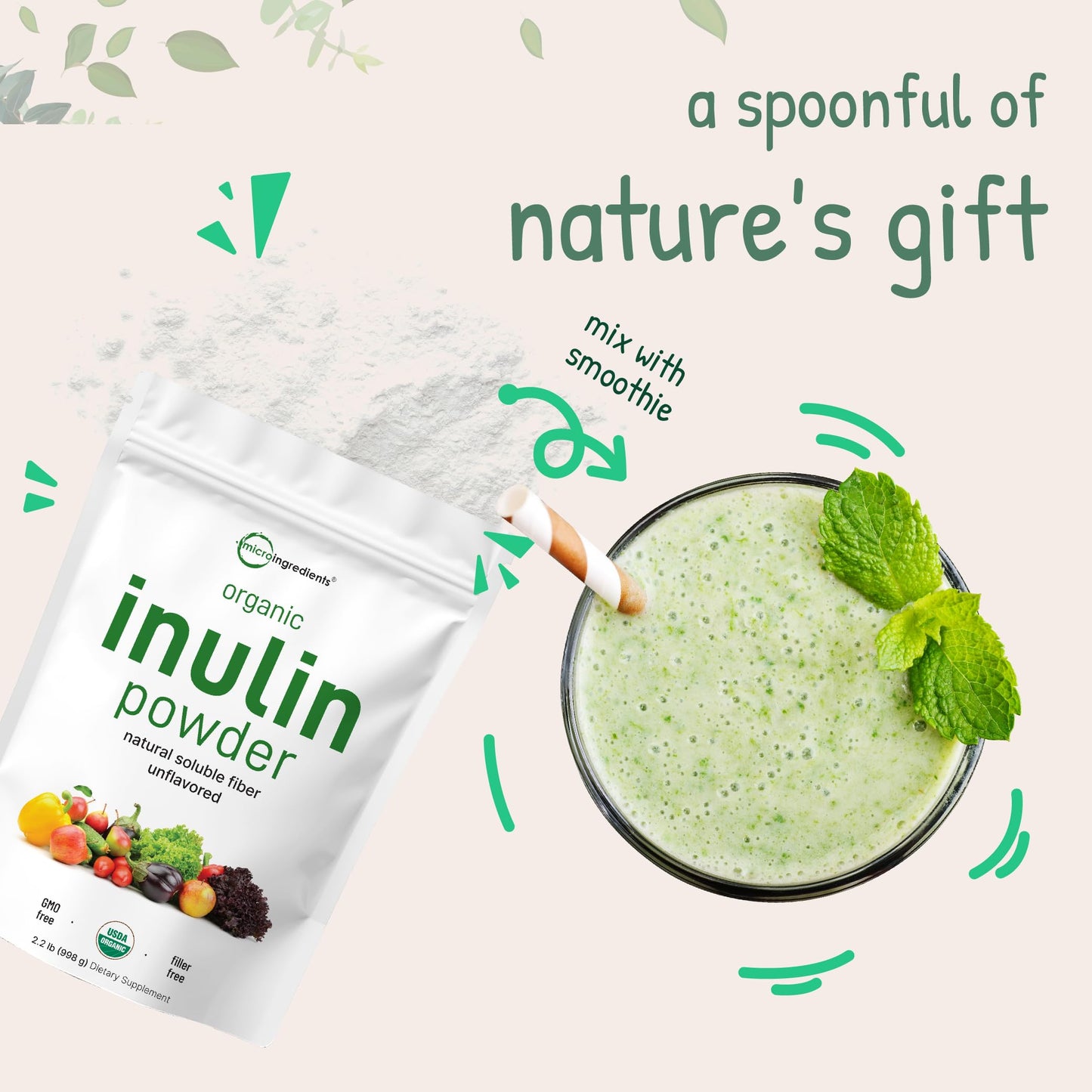 Micro Ingredients Organic Inulin FOS Fiber Powder 35.2 oz