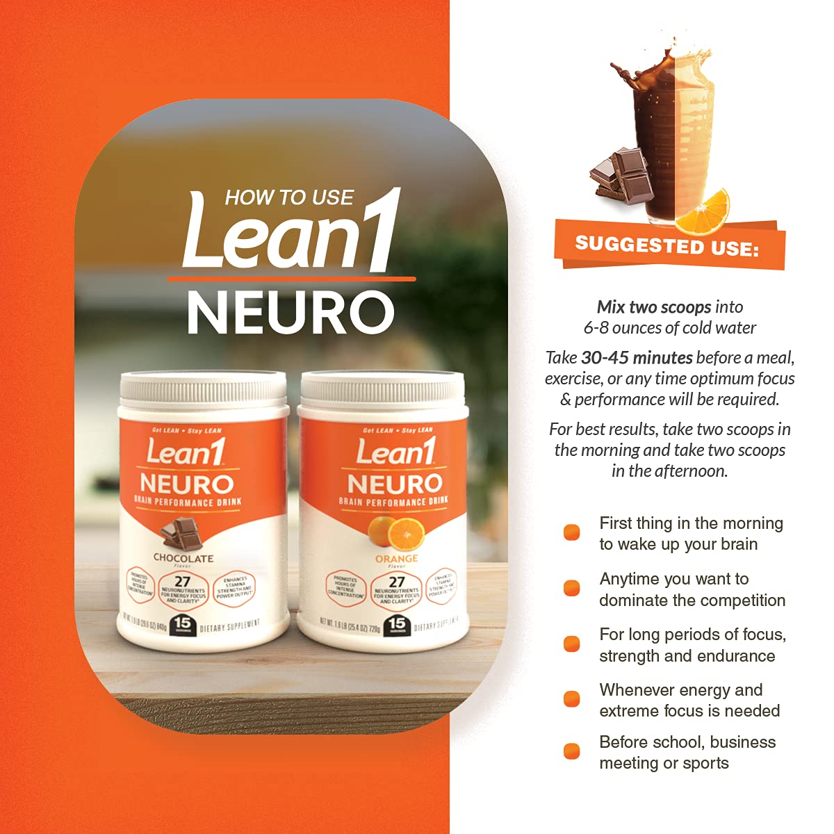 LEAN1 Neuro Chocolate, Mental Energy Drink Powder, 29.6