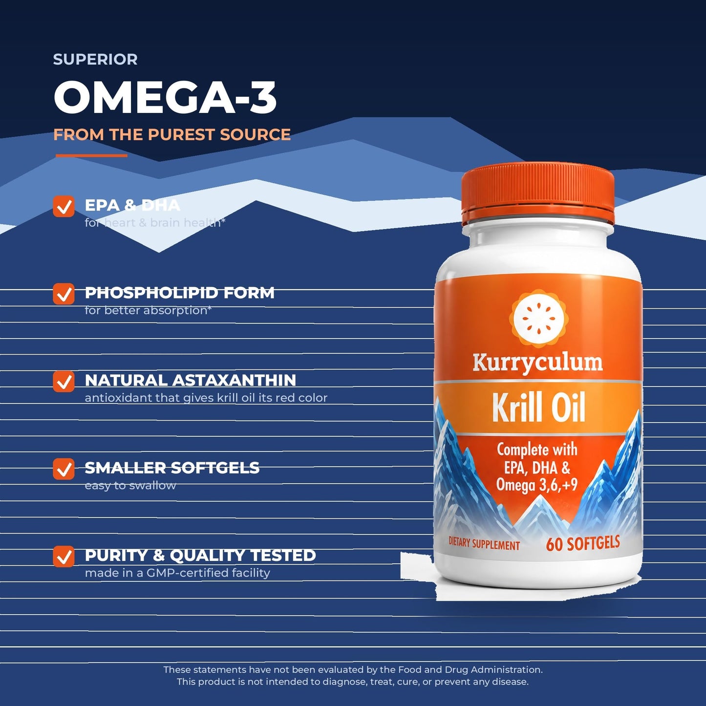 Kurryculum Krill Oil 500 mg – High-Potency Omega-3 (EPA & DHA), burpless Uniquely Small, Rich in Astaxanthin, Sustainably Sourced, Third-Party Tested Softgels, 60 Count
