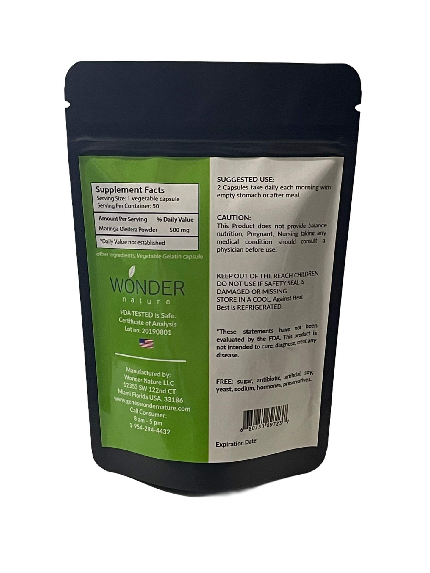 Wonder Nature Moringa Fine Green Powder Capsules, 100 Count