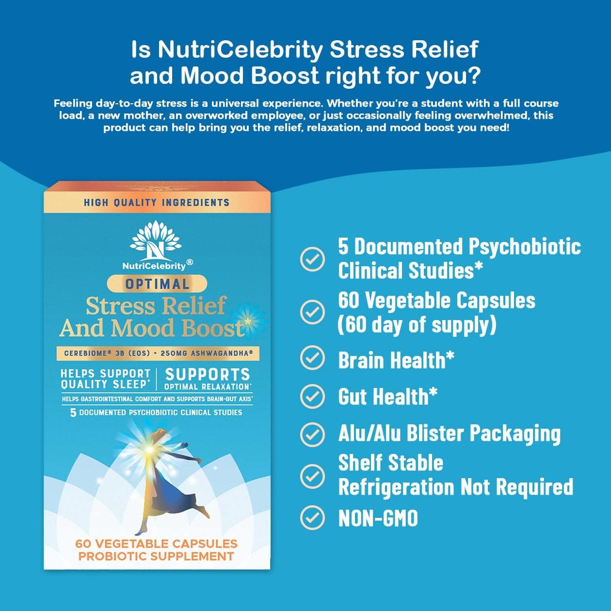 Nutricelebrity Optimal Stress Relief Capsule, Mood Support, Sleep Aid, Ashwagandha Organic KSM-66, Brain Focus, Probiotics for Women, Gut Health, Vegan Non-GMO, 60 Capsules