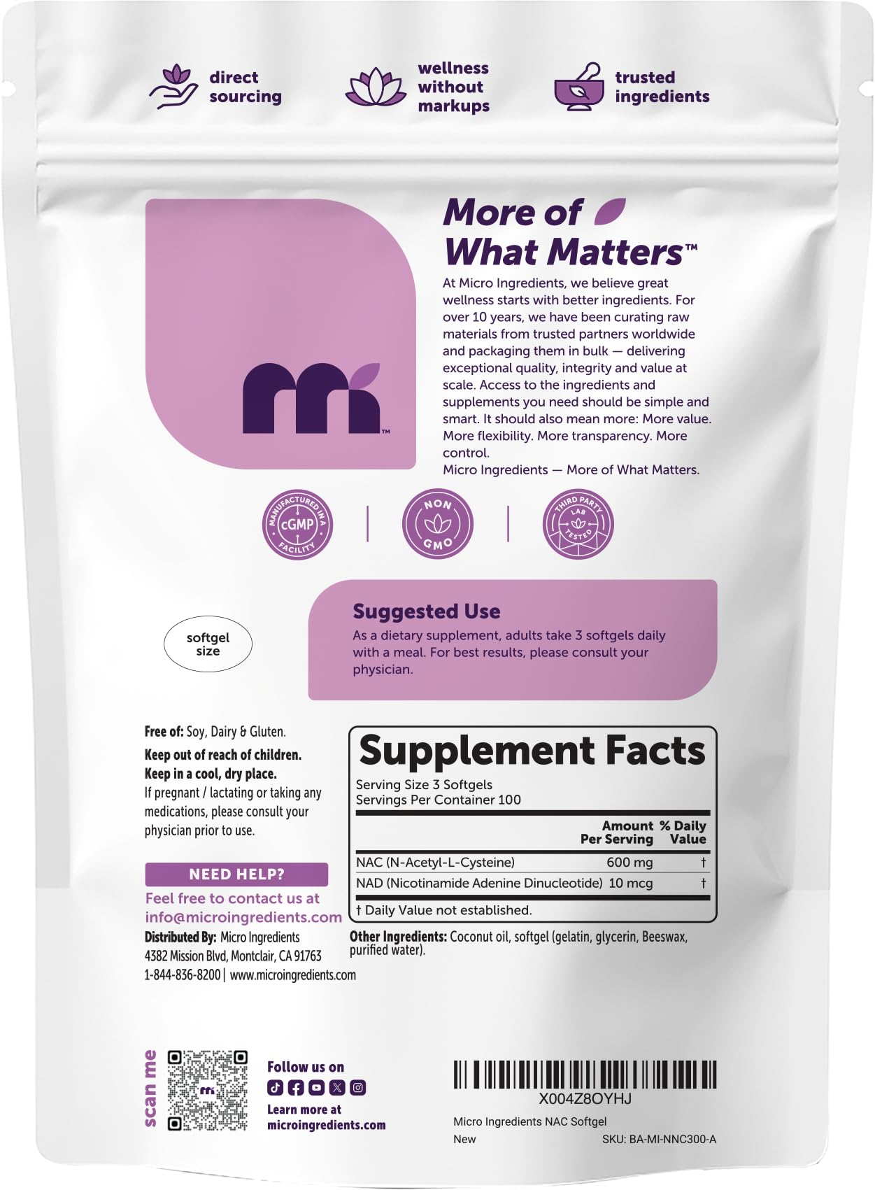 Micro Ingredients NAC 600mg Supplement with NAD+ & Coconut Oil, 300 Softgels