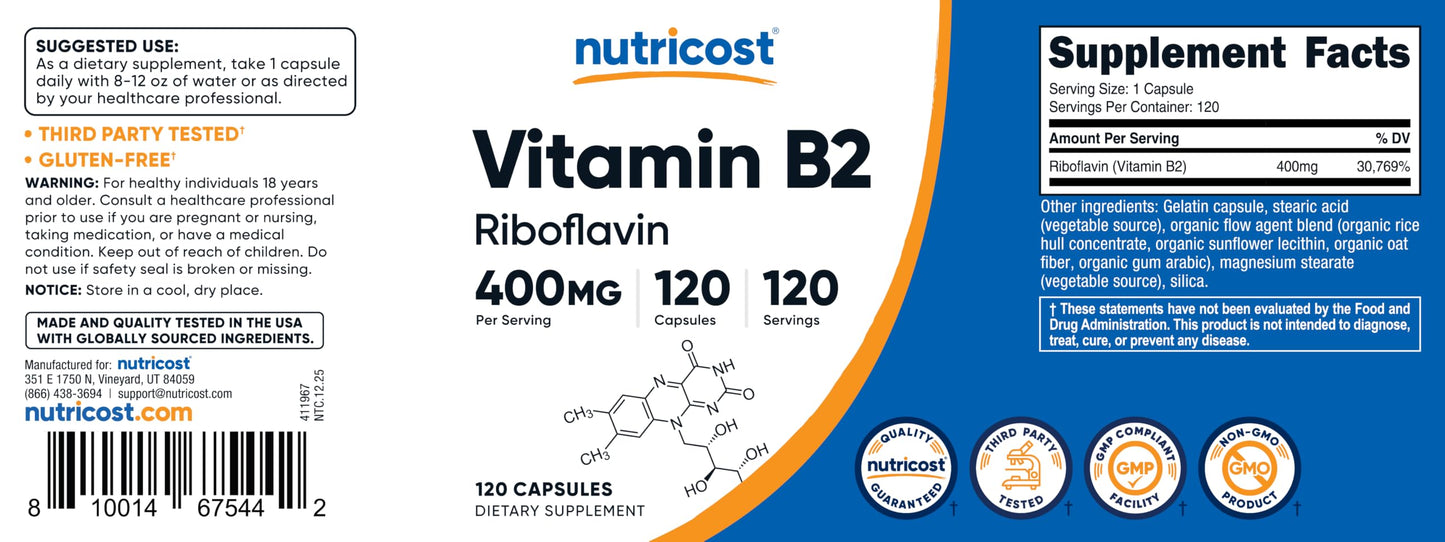 Nutricost Vitamin B2 (Riboflavin) 400mg, 360 Capsules
