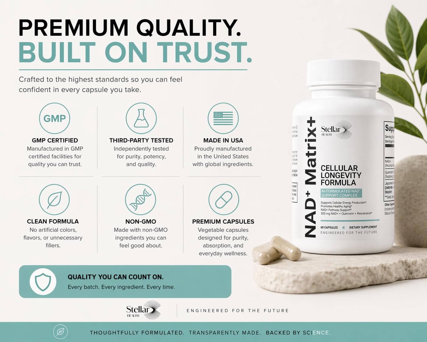 Stellar Health NAD+ Matrix+ Cellular Longevity Formula NAD+ Supplement 500mg, 60 Capsules