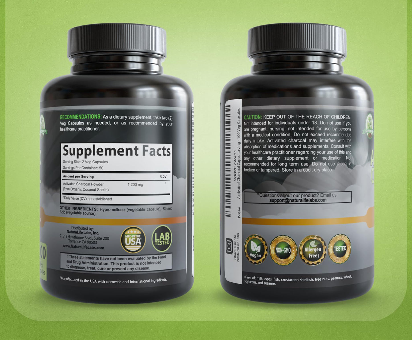 NaturaLife Labs Activated Charcoal 1200 mg per Serving from Coconut Shells, 100 Capsules
