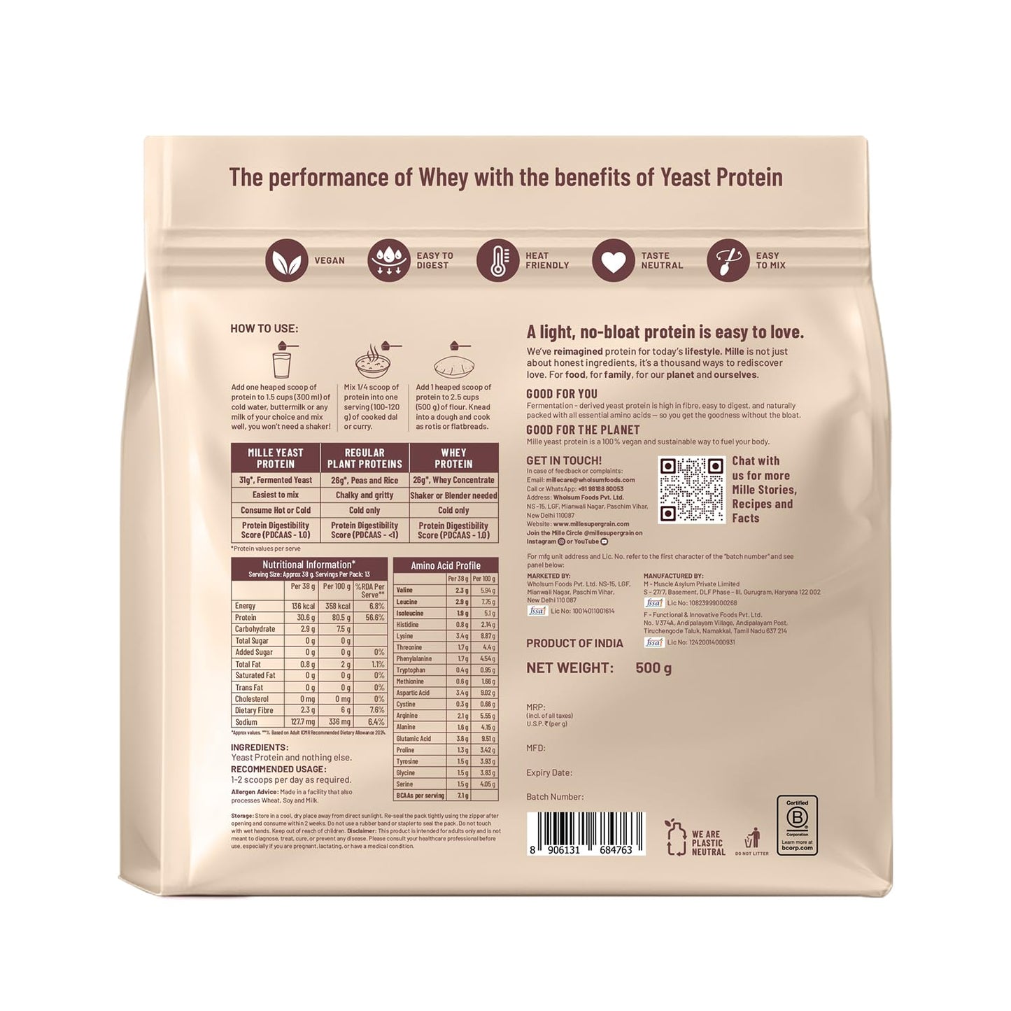 Millé: A Supergrain Co. Mille Plant Protein Powder Unflavored, 17.64 oz (500 g)