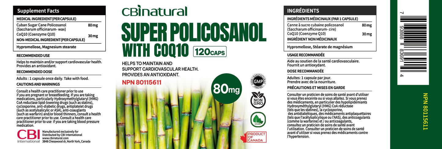 CBI Natural Super Sugarcane Policosanol 80 mg with CoQ10 30 mg Vegetable Capsules, 120 Count