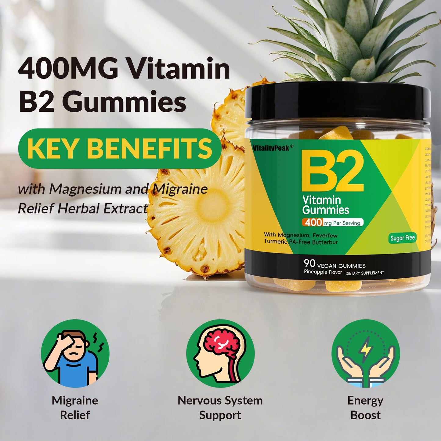 VitalityPeak Riboflavin Vitamin B2 Gummies 400mg, 90 Count