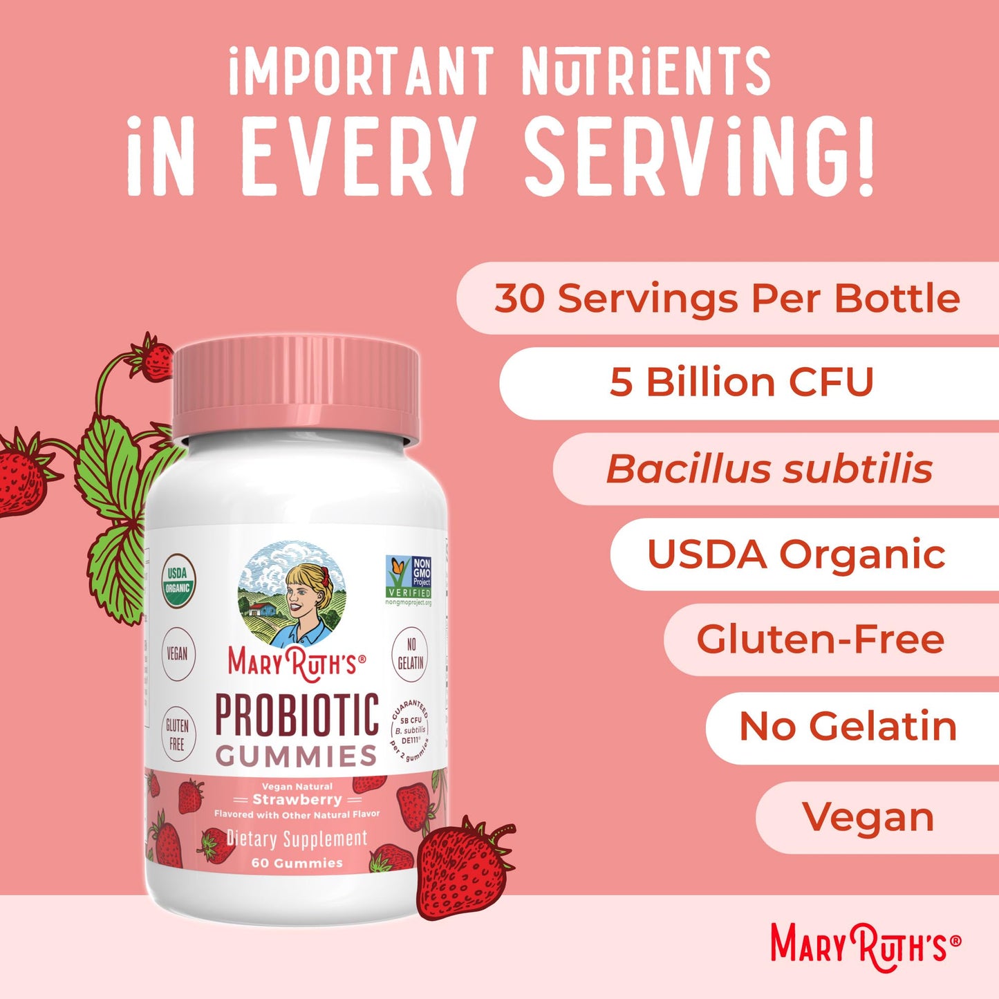 MARYRUTH'S USDA Organic Probiotic Gummies 60 Count