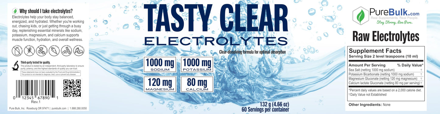 PureBulk Tasty Clear Electrolytes Powder Sugar-Free Hydration Supplement with Sodium, Potassium, Magnesium, and Calcium, Multiple Flavors, 30 Day Supply, 8.6 Ounce