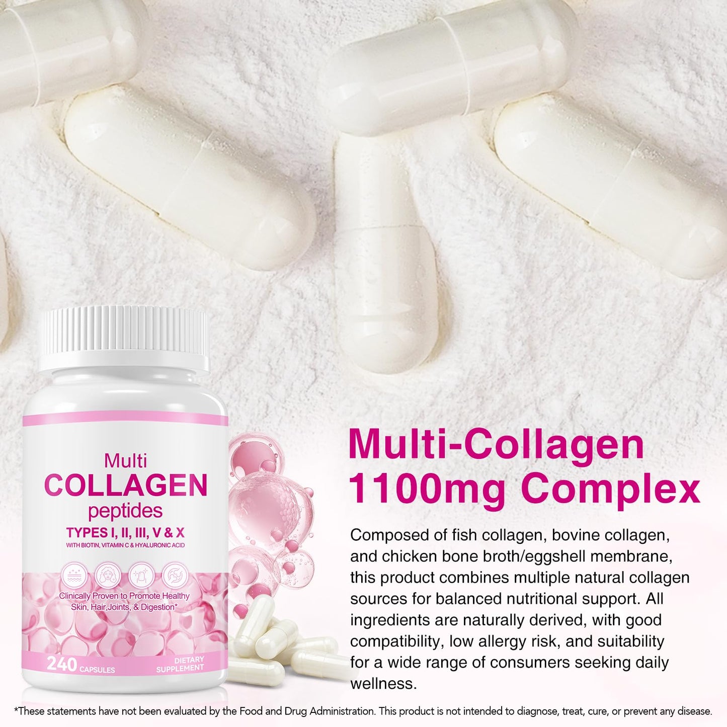Vceeoy Multi Collagen Peptides for Men & Women, Multi Collagen Supplements Capsule with Biotin, Vitamin C & Hyaluronic Acid, Type I, II, III, V, X, 240 Capsules