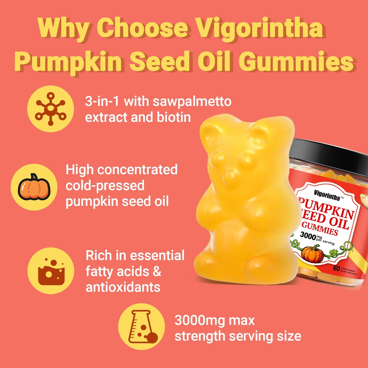 Vigorintha Sugar Free Pumpkin Seed Oil Gummies 3000mg with Saw Palmetto, 60 Count