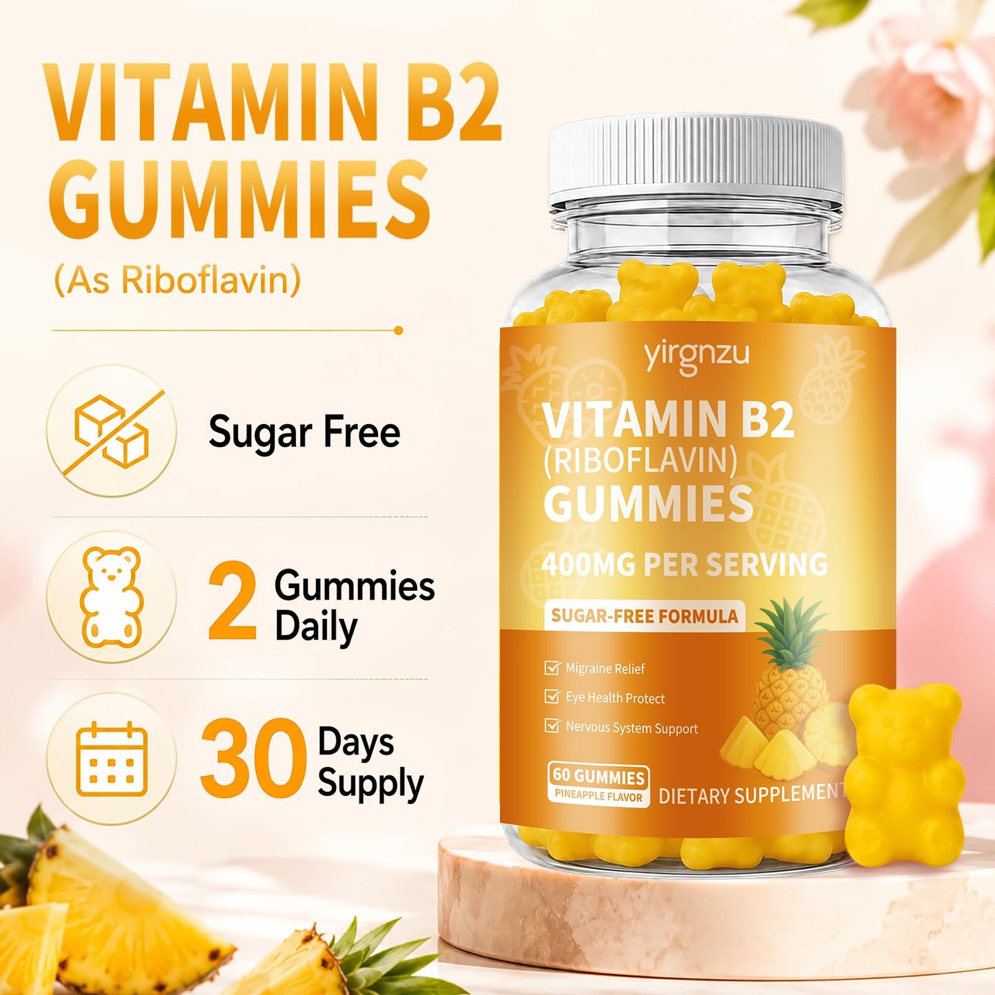 yirgnzu Vitamin B2 Gummies Riboflavin 400mg Supplement with Magnesium, Vegan, 60 Gummies
