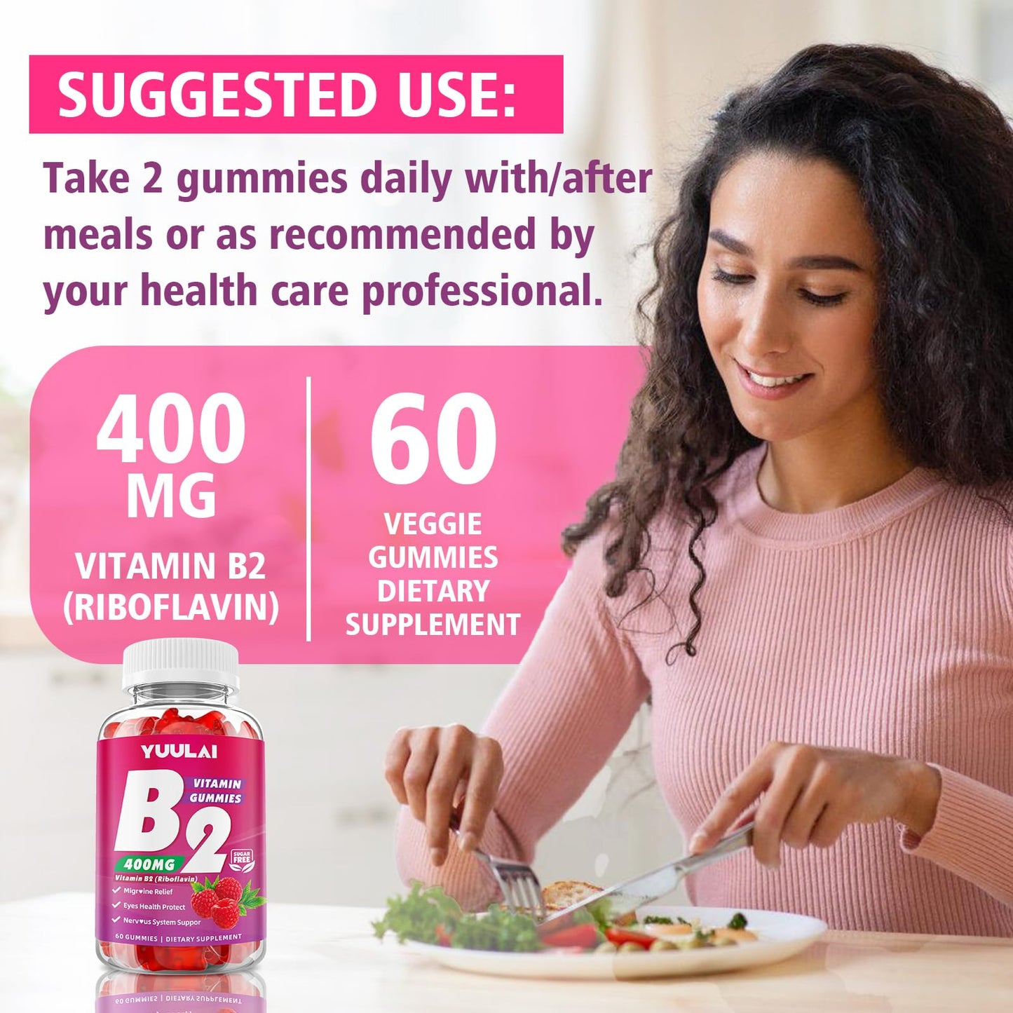 YUULAI Vitamin B2 (Riboflavin) Gummies with Magnesium, 400mg, 120 Gummies