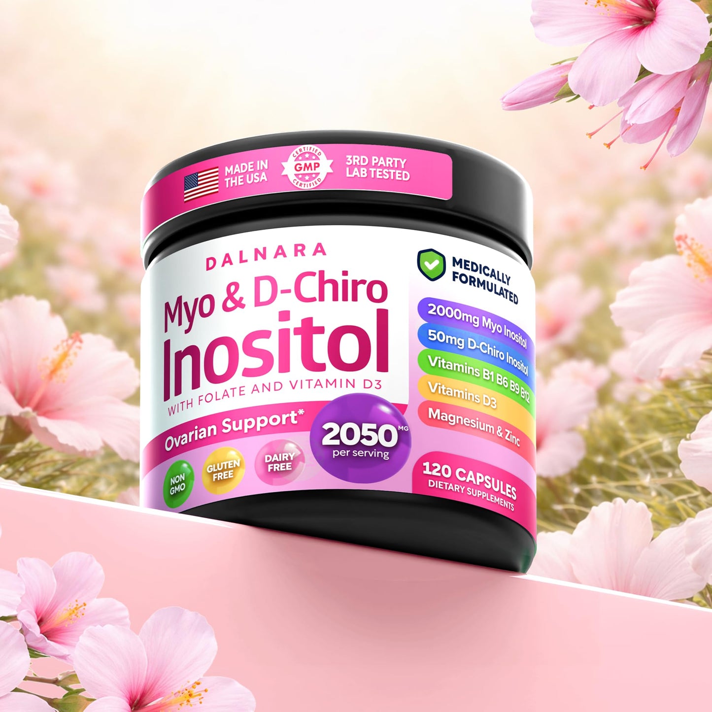 Dalnara Myo-Inositol & D-Chiro Inositol Supplement for Women - 40:1 Ratio with Folate, Vitamin D3, Magnesium & Zinc - Women's Wellness Multivitamin - 2050mg, 120 Capsules