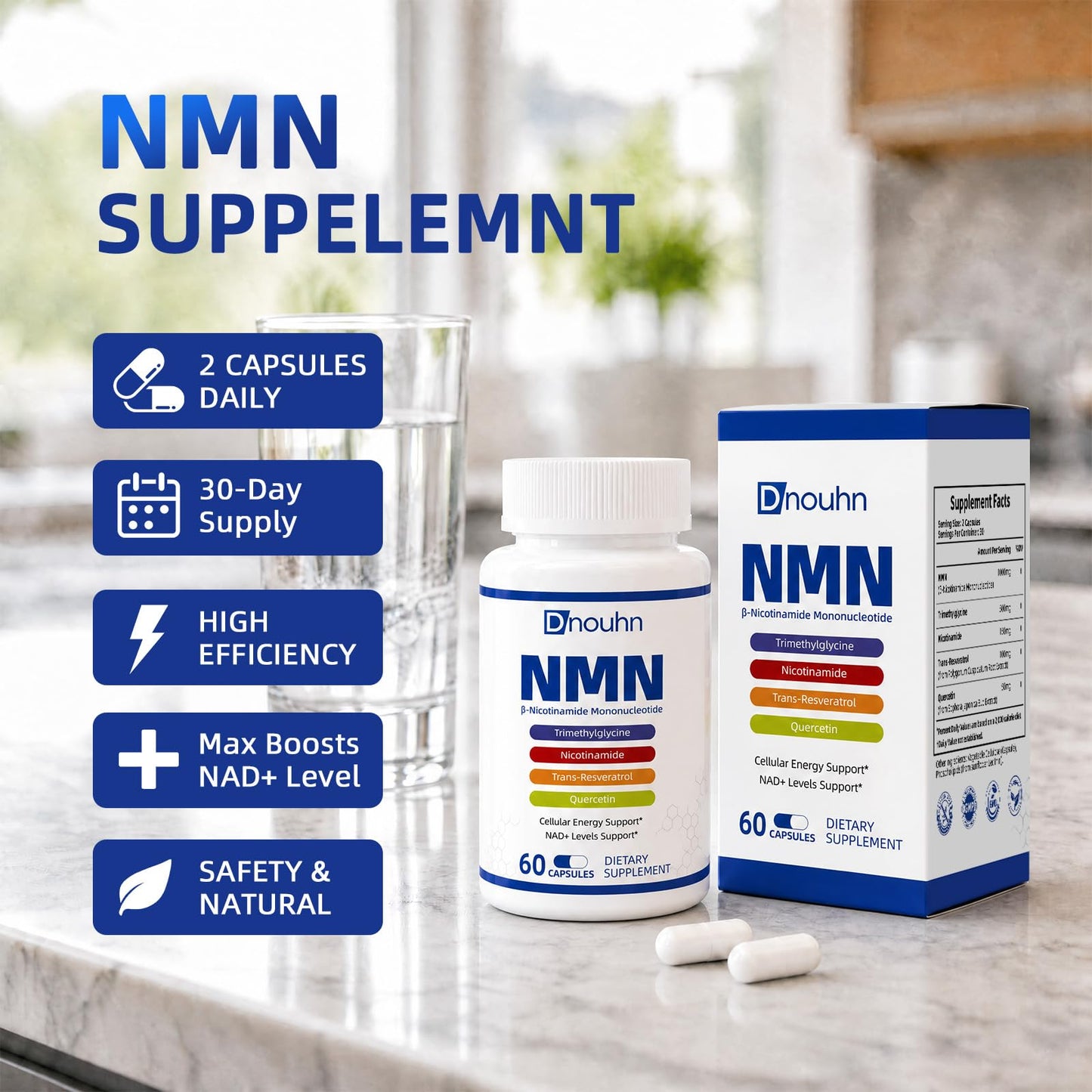 DNOUHN NMN Supplement 1000mg Pure Organic NMNH Alternative, Supports Cellular Energy, NAD+ Levels and Healthy Aging, Nicotinamide Mononucleotide, Gluten Free, 60 Capsules