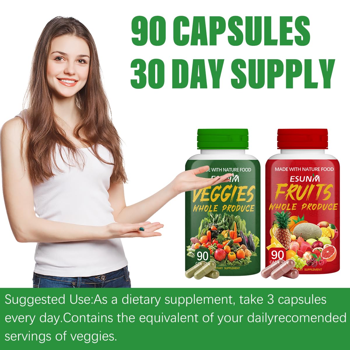 ESUNM Fruits and Veggies Supplement Capsules, 180 Count
