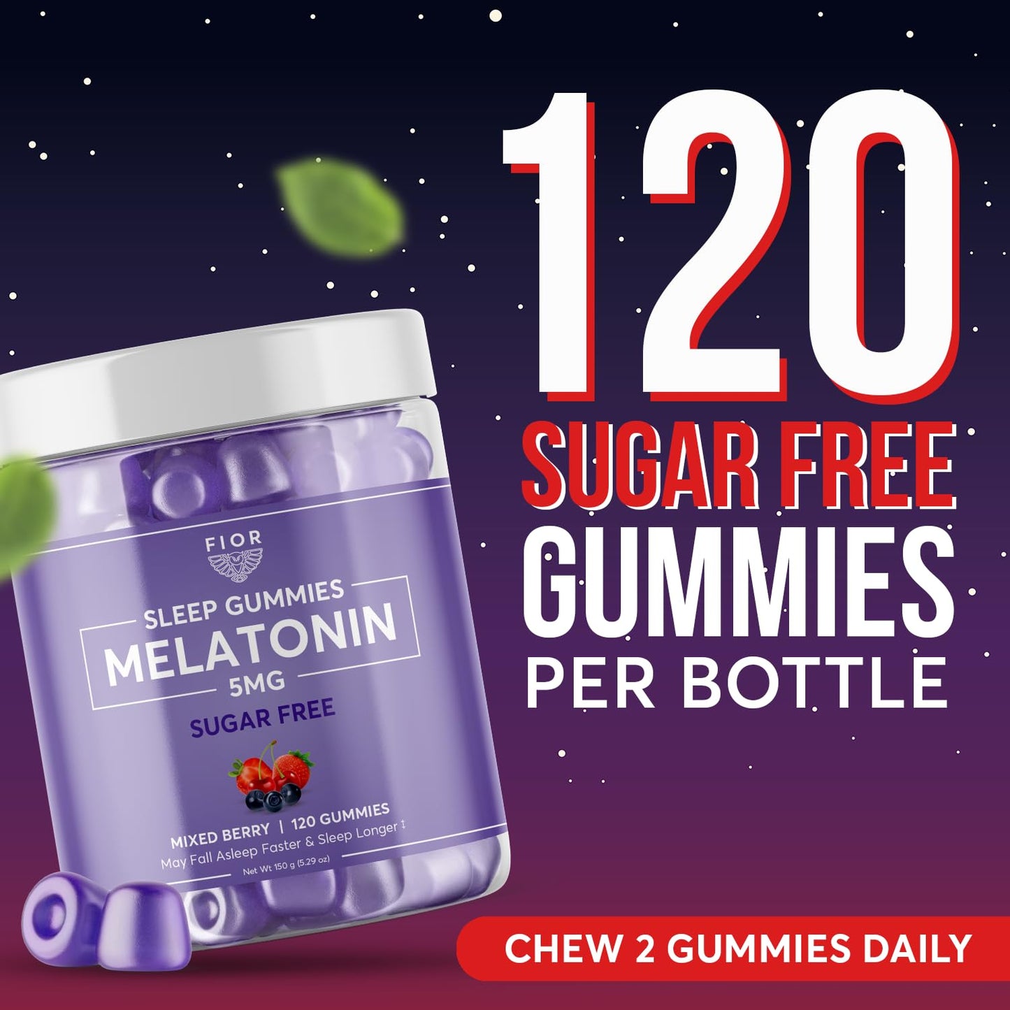 FIOR Sugar Free Sleep Aid & Calm Gummies with Melatonin & L-Theanine, 120 Gummies