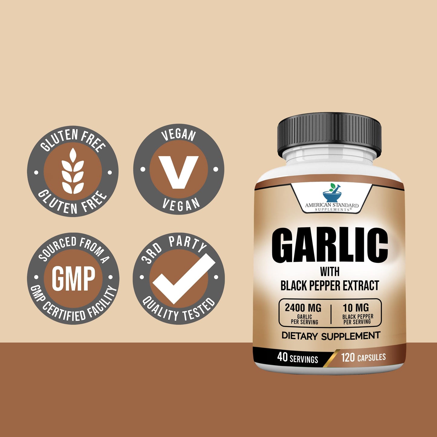 American Standard Supplements Garlic 2400mg Per Serving with Black Pepper Fruit Extract, 240 Capsules