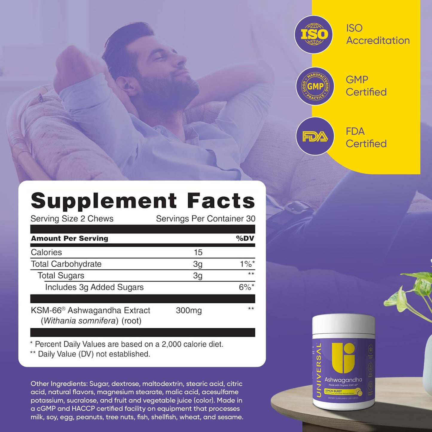 Universal U Calm + Focus Ashwagandha Tablet, 60 Count