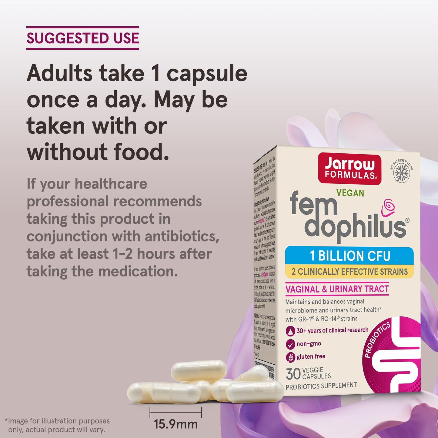 Jarrow Formulas Fem-Dophilus Vaginal Probiotics 1 Billion CFU with 2 Science-Backed Strains Capsules, 30 Count