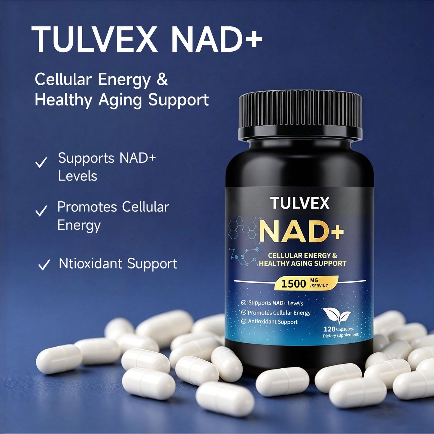 Tulvex NAD Supplement 1500mg Liposomal NAD and Resveratrol, NAD Plus Boosting for Cellular Health, Energy & Anti Aging, NAD Resveratrol Supplement for Women & Men, 120 Capsules
