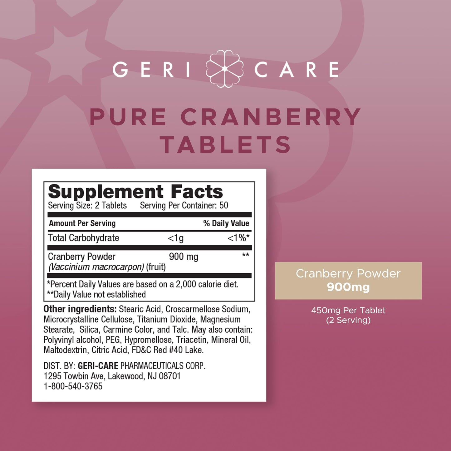 GeriCare High-Potency Cranberry 450mg Supplement Tablets 300 Count