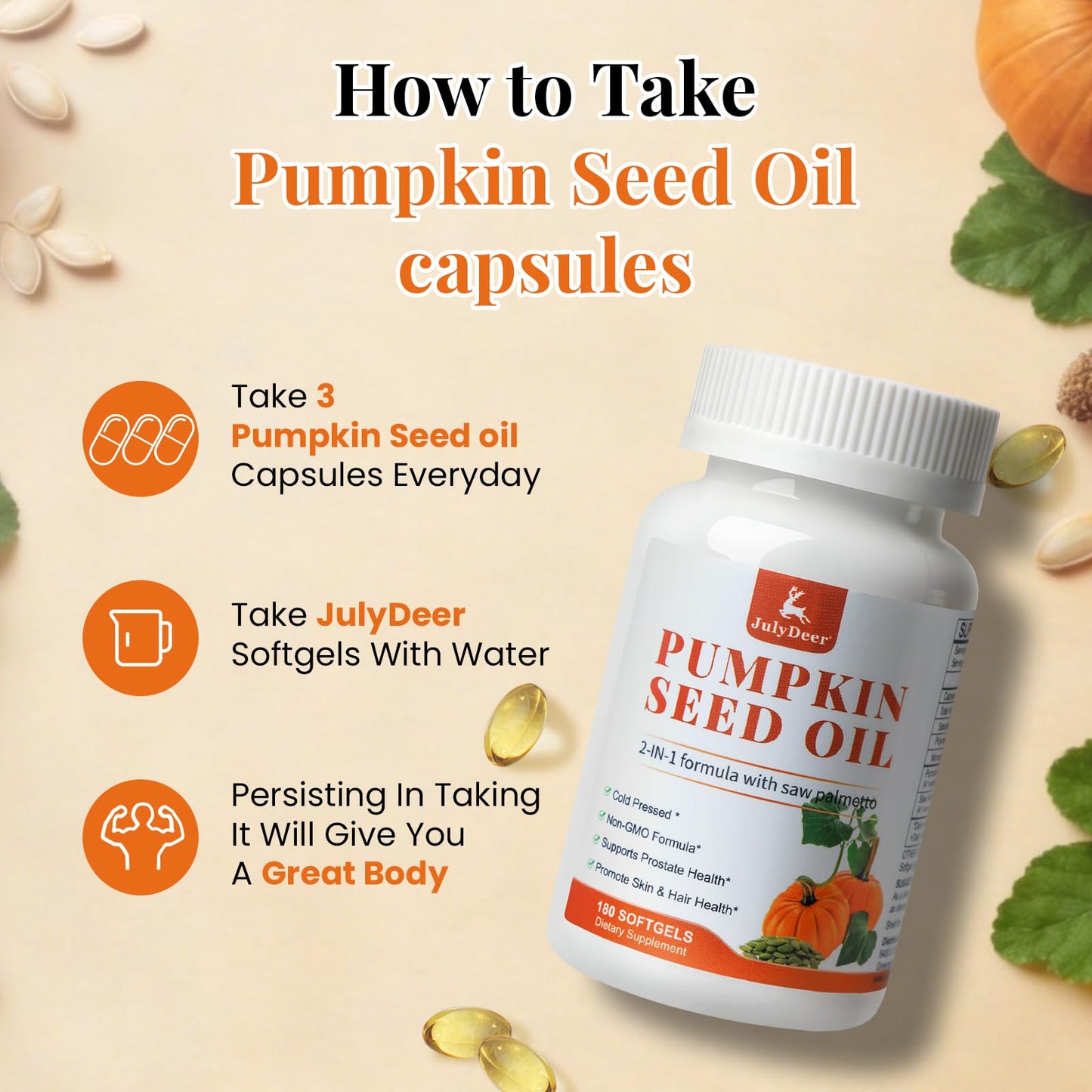JulyDeer Pumpkin Seed Oil with Saw Palmetto Softgels 180 Count