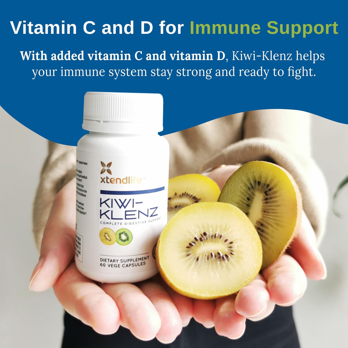 Xtendlife Kiwi-Klenz Digestive and Gut Support Supplement for Bloating, Gas, and Indigestion - Natural Prebiotic with Health Enzymes Capsules, 60 Count