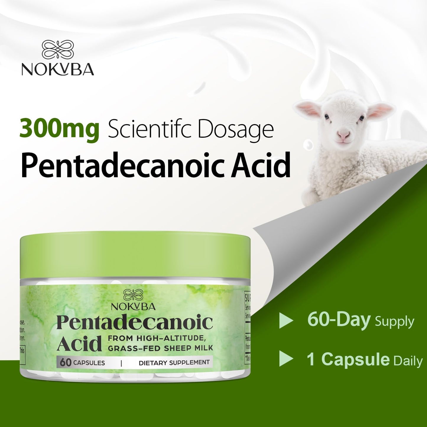 Nokvba Pentadecanoic Acid C15:0 Supplements 300mg High-Altitude Sheep Milk Sourced Capsules, 60 Count
