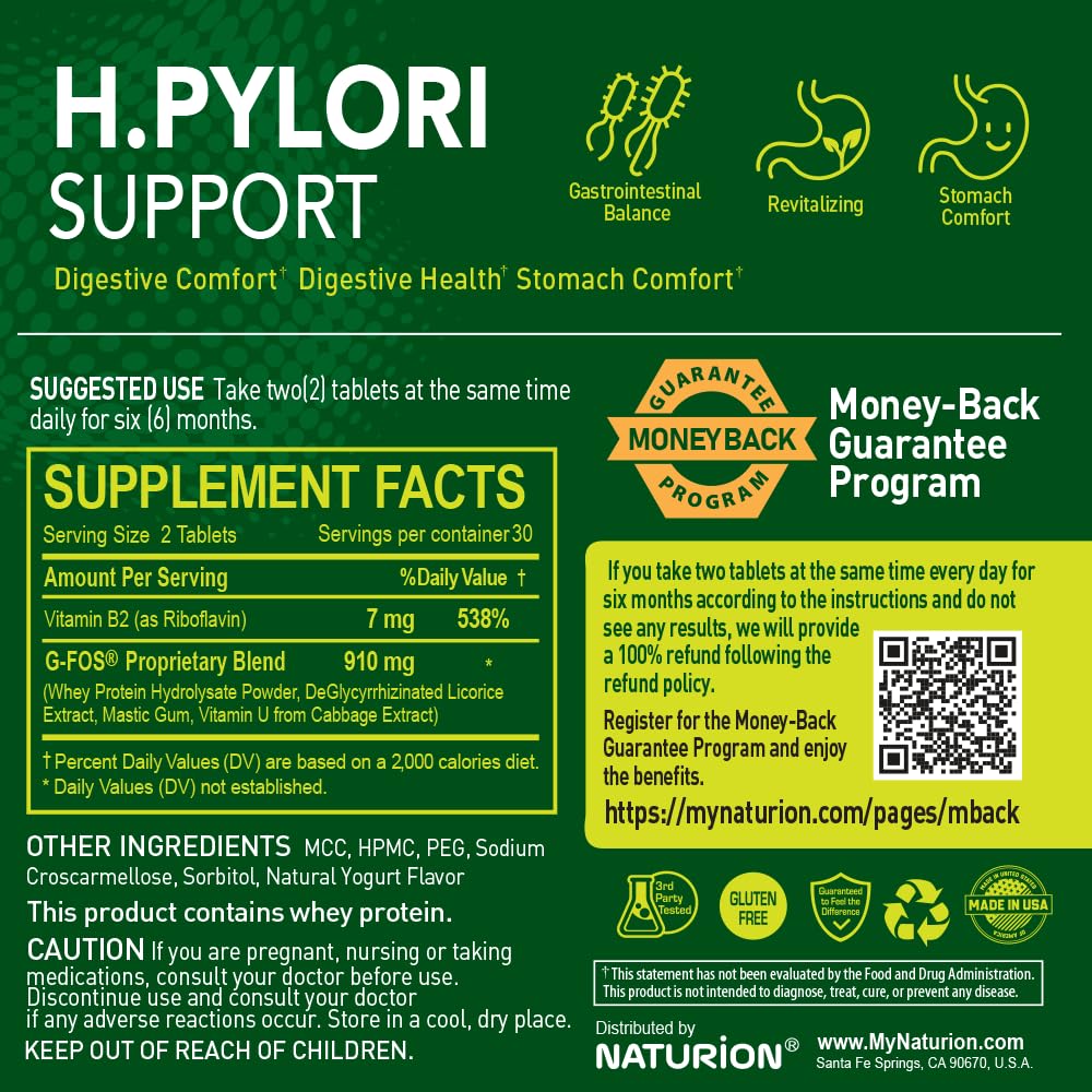 NATURION H. Pylori Support Digestive Health Supplement with G-FOS Blend, Whey Protein, Licorice, Mastic Gum, Vitamin U and Vitamin B2 - Stomach Comfort and Gut Balance - 60 Tablets