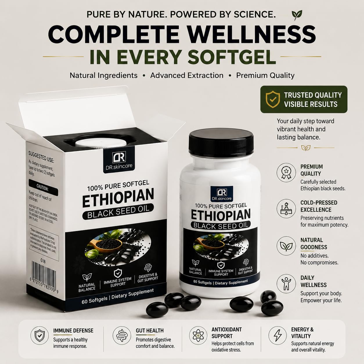 DR. SKIN CARE Ethiopian Black Seed Oil Softgels 800mg per Serving, Cold-Pressed Nigella Sativa Seed Oil Supplement, Immune Support, Digestive & Gut Support, Natural Wellness Formula, 60 Softgels