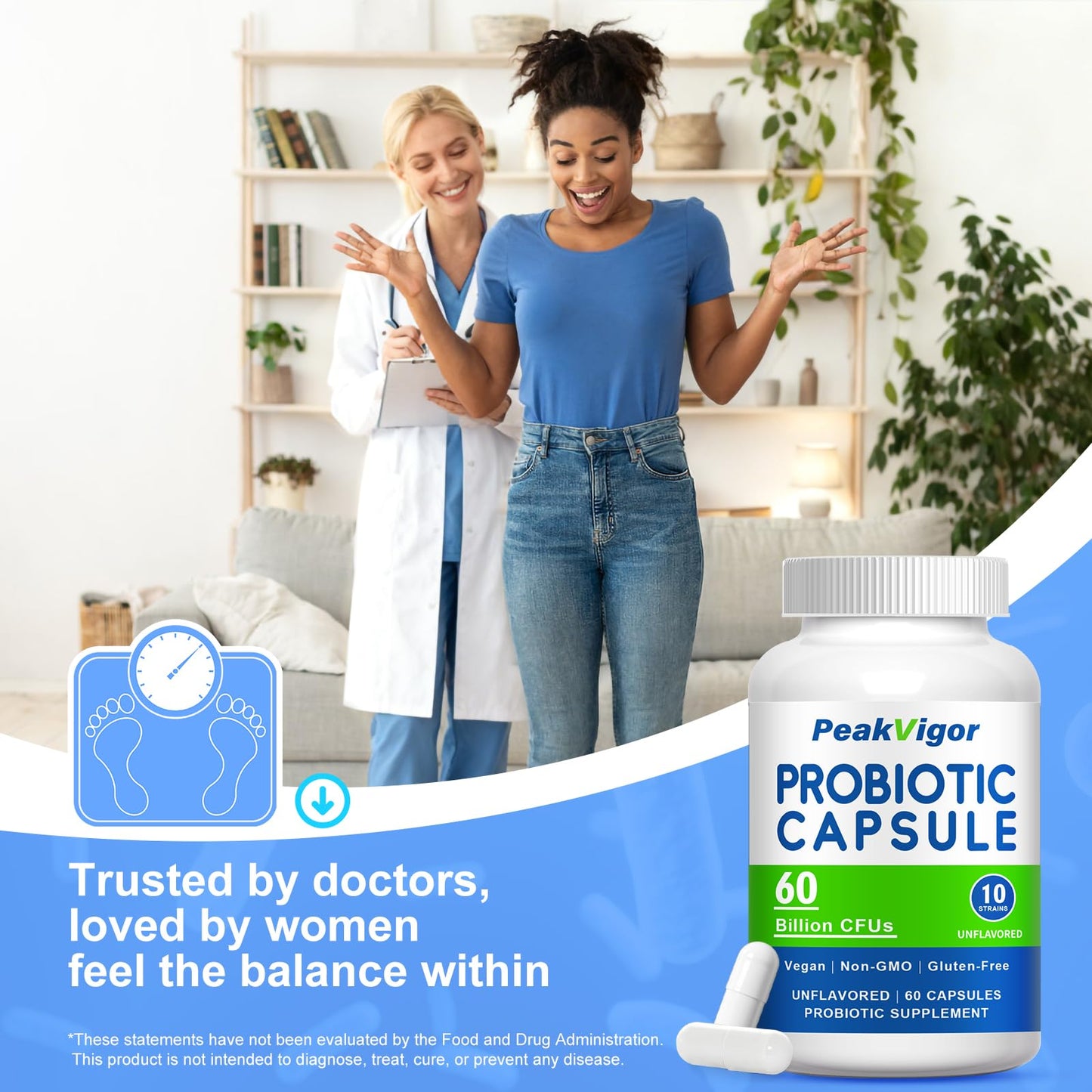 PeakVigor Probiotic Capsules for Women, 60 Billion CFU with Prebiotic Blend, Vegan, 10 Strains, Non-GMO, Gluten-Free & Easy-Swallow, 60 Capsules