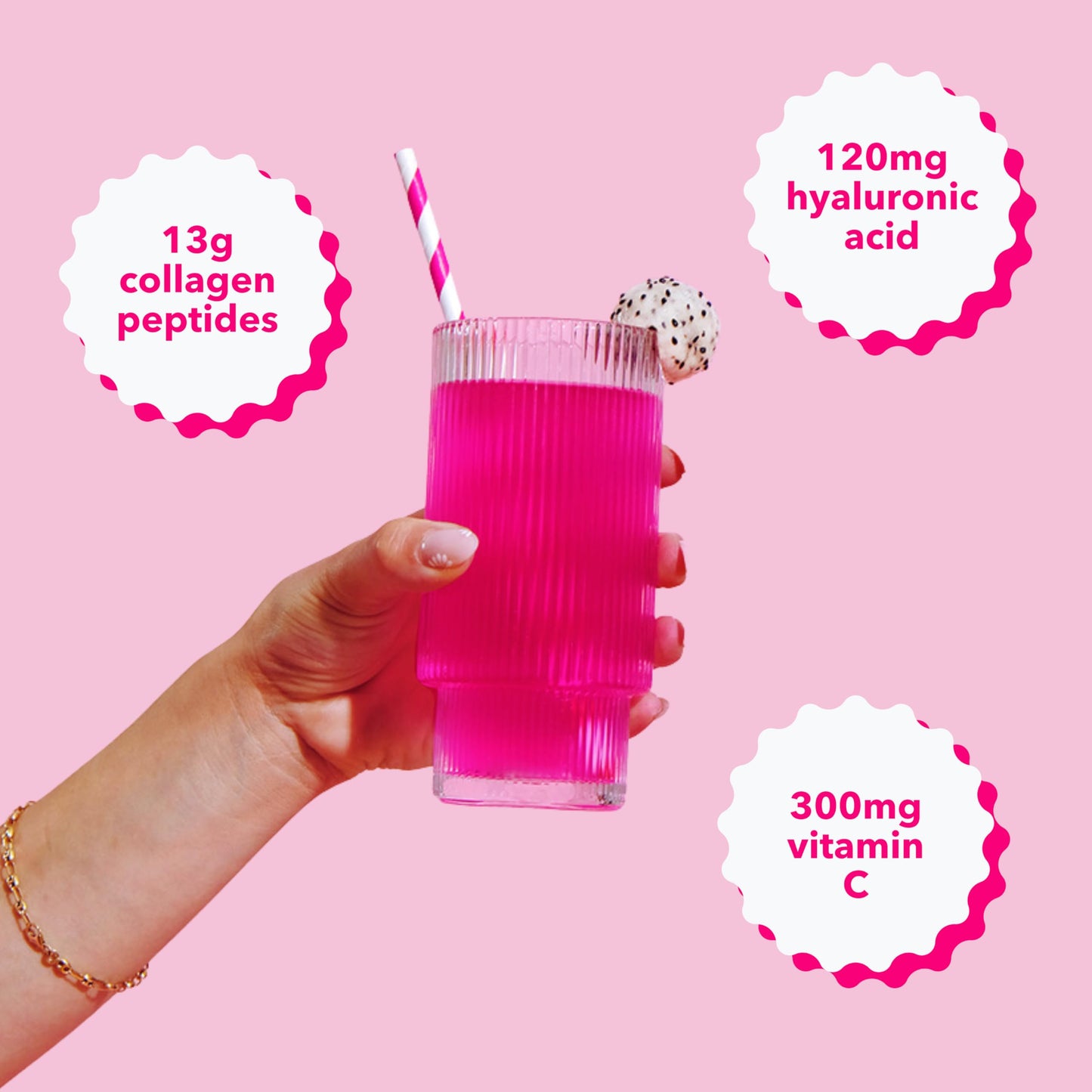 Pinky Collagen Peptides with Hyaluronic Acid & Vitamin C - Dragon Fruit Flavor Powder, 16.72 oz