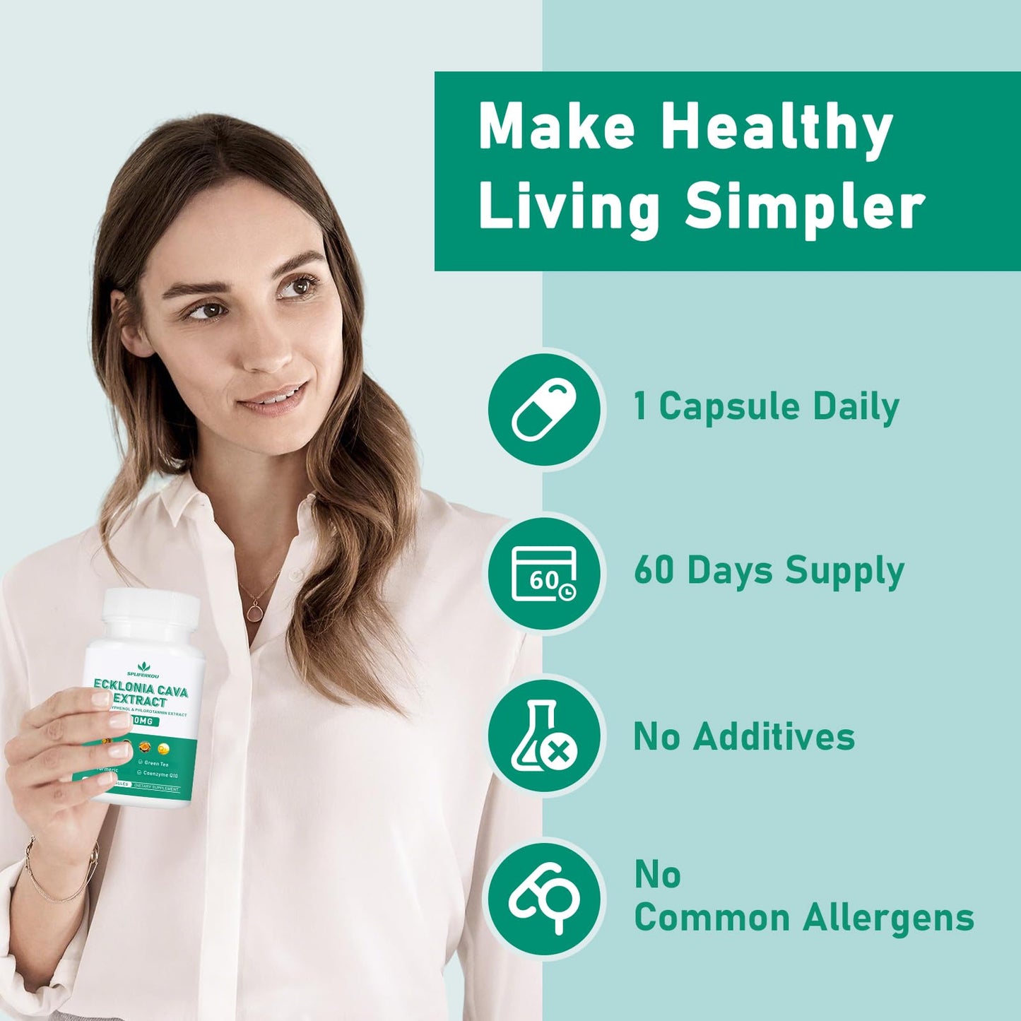 Spliferkou Ecklonia Cava Extract, 800mg Veggie Capsules with Fucoidan, Green Tea, Turmeric, CoQ10 Dietary Supplement, 120 Capsules
